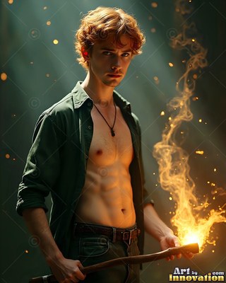 Holding a burning torch, a bare-chested man in an unbuttoned green shirt stands in soft light
