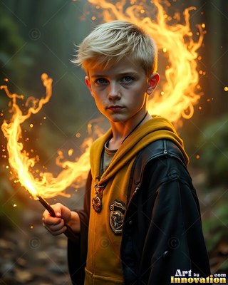 Young blond man holding a wand with bright orange fire in the woods