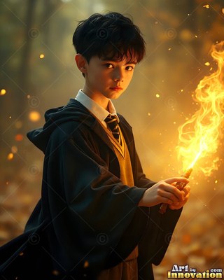Wearing a dark hooded robe in a misty forest, a man clasps a wand ablaze with fire