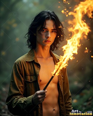 A youthful man holds a flaming wand in an unbuttoned shirt, lit by bright orange fire