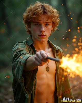 Facing forward in the woods, a man points a flaming wand