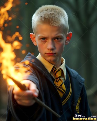 A young blond-haired man points a burning wand forward in a dark school uniform