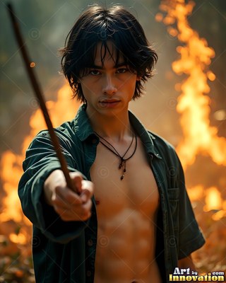 Before blazing flames, a bare-chested man in his youth points a wooden wand forward