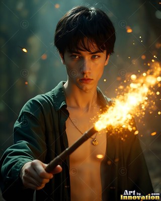 Holding out a wand with bright sparks, a dark-haired young man in an open shirt stands in the dark