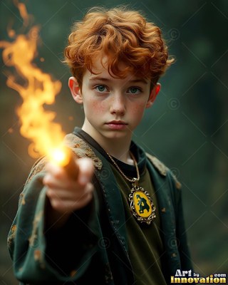 Man with red hair points a lit wand forward in a dark robe