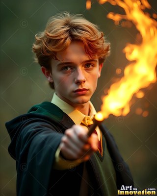 A green hooded robe wraps a young man pointing a wand of fire outdoors