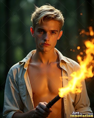 A young blond-haired man in an open shirt holds a torch that casts bright yellow fire