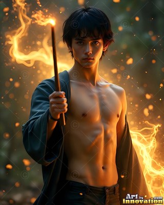 Facing forward outdoors, a shirtless younger man grips up a burning wand with fire around him