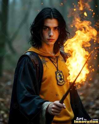 A man in yellow robes shoots bright fire from his thin wand in the woods