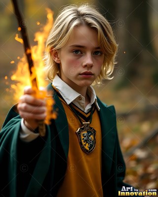In an autumn forest, a blond young man points a wand with yellow fire