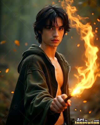A man in an open green hoodie holds a burning torch outdoors