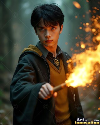 A dark robe covers a younger man holding a flaming wand in a misty forest
