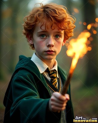 A young red-haired man points a wand that shoots sparks with a bright orange flare