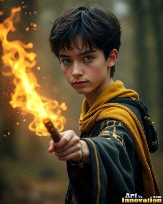 Facing forward in a dim forest, a youthful man points a wand shooting yellow fire