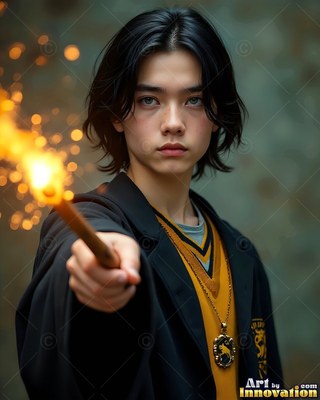 A dark-haired younger man in a yellow vest points a burning wand forward