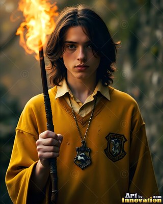Holding a flaming torch, a young man wears a yellow sweater and a badger necklace outdoors