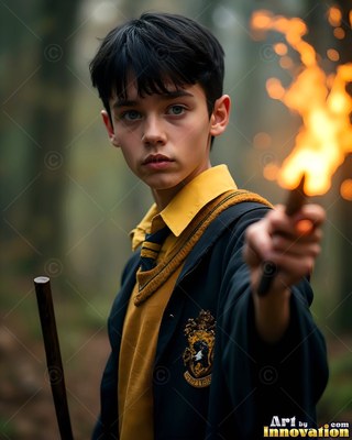 Man in a black and yellow robe holds a torch outdoors