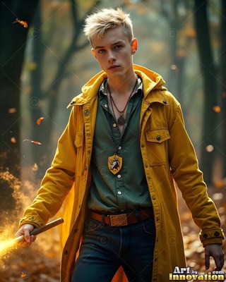 In a yellow hooded coat, a yellow-haired man stands in an autumn forest holding a flaming wand