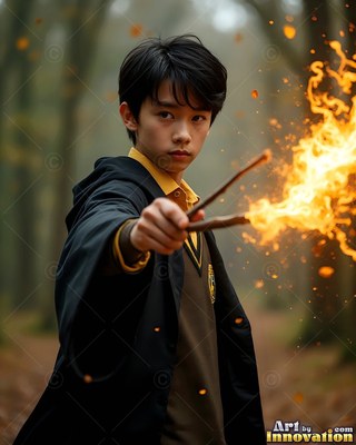 A young man points two wooden wands forward to shoot bright yellow fire