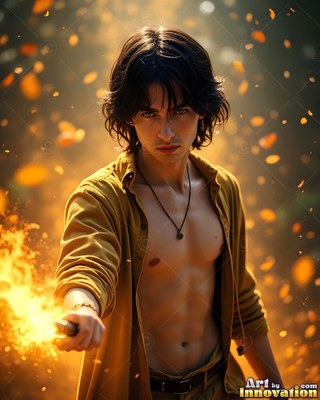 Facing forward outdoors, a man in his youth points a wand with bright sparks