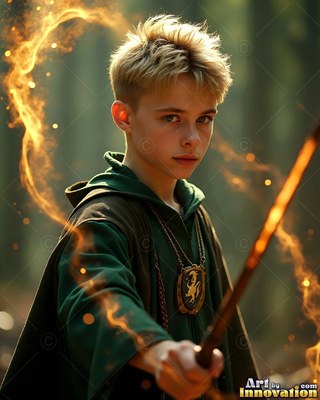 In a dark forest, a young fair-haired man in green robes points a wooden wand forward