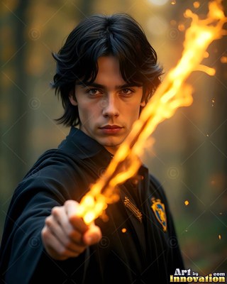 Aiming a flaming wand forward, a dark-haired young man stands in a black robe