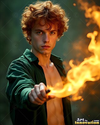 Young man casting bright fire from a wand in an open shirt