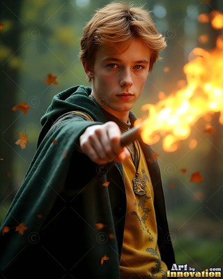 Wearing a dark green cloak, a young man points a wand shooting bright fire in an autumn woods