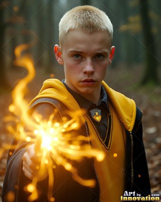 A young blond man casts sparks from his hand that shine bright yellow in a dark forest