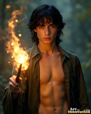 Facing forward in a dim forest, a shirtless man grips a flaming wand