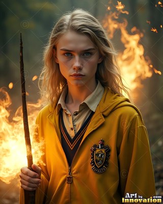 A blond man cradles a staff near bright flames in a yellow jacket