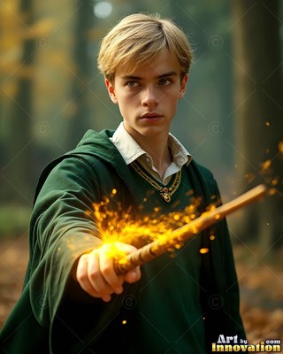 In a dim forest, a young blond man in a green robe points a wand with yellow sparks