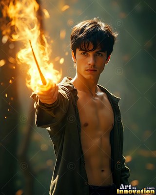 A shirtless younger man carries a fiery wand forward in green woods