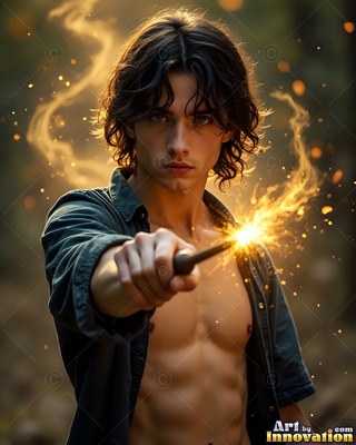 Wearing an unbuttoned shirt in a dim forest, a bare-chested man in his youth points a sparking wand