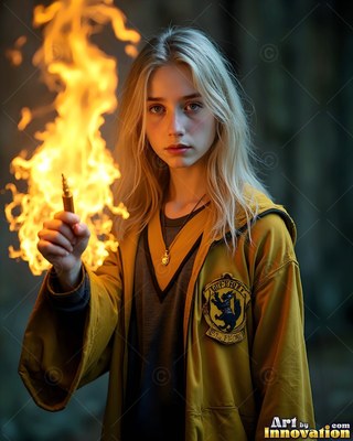 A young blond man in yellow robes holds a wand casting bright yellow flames