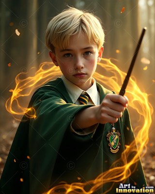 Facing forward in the woods, a young man with blond hair in green robes points a wooden wand