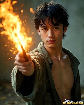In a dim room, an open-shirted man in his youth points a burning wand forward