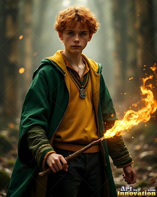 Holding a flaming wand, a man with red hair stands in a forest in green robes