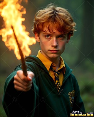 Young man with red hair in green robes holds a flaming wand