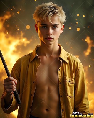 A young blond-haired man in an open yellow shirt holds a wooden staff before firelight