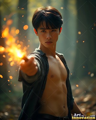 A man in his youth points a wand sparking yellow fire in the woods
