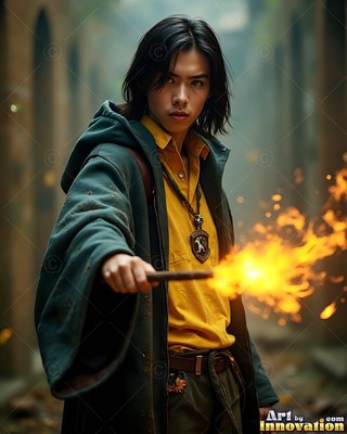 Facing forward in a dim stone hall, a young man points a wand with yellow fire