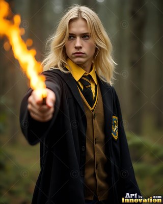 A blond young man points a wand shooting bright fire in a dim forest