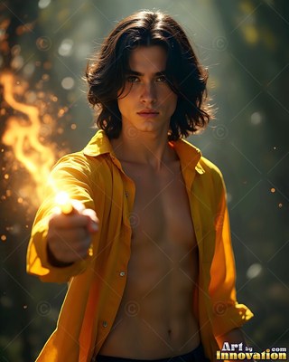 Casting fire from a wand, a dark-haired man stands in an open yellow shirt outdoors