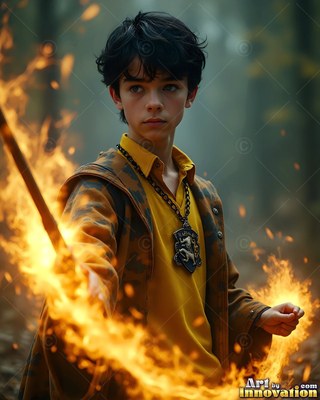 Man in his youth in yellow holding a burning wand in woods