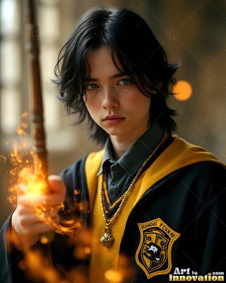 Yellow robes line the collar of a man in his youth holding a spark-tipped wand in a dim hall