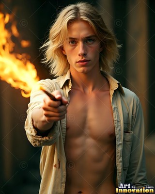 A blond man points a flaming wand forward with bright fire illuminating his open shirt