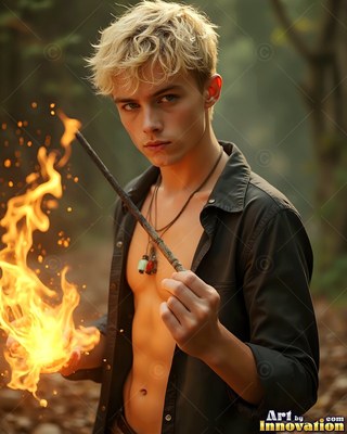 Facing forward in woods, a yellow-haired man clasps a wand and bright fire