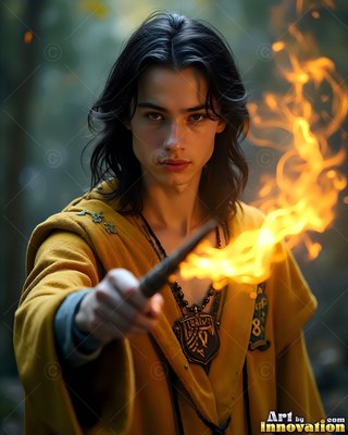 A man in yellow robes aims a wand that shoots bright orange fire