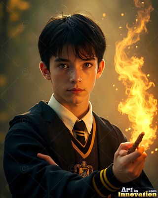 In a dim hallway, a young man in school robes holds a wand of bright fire